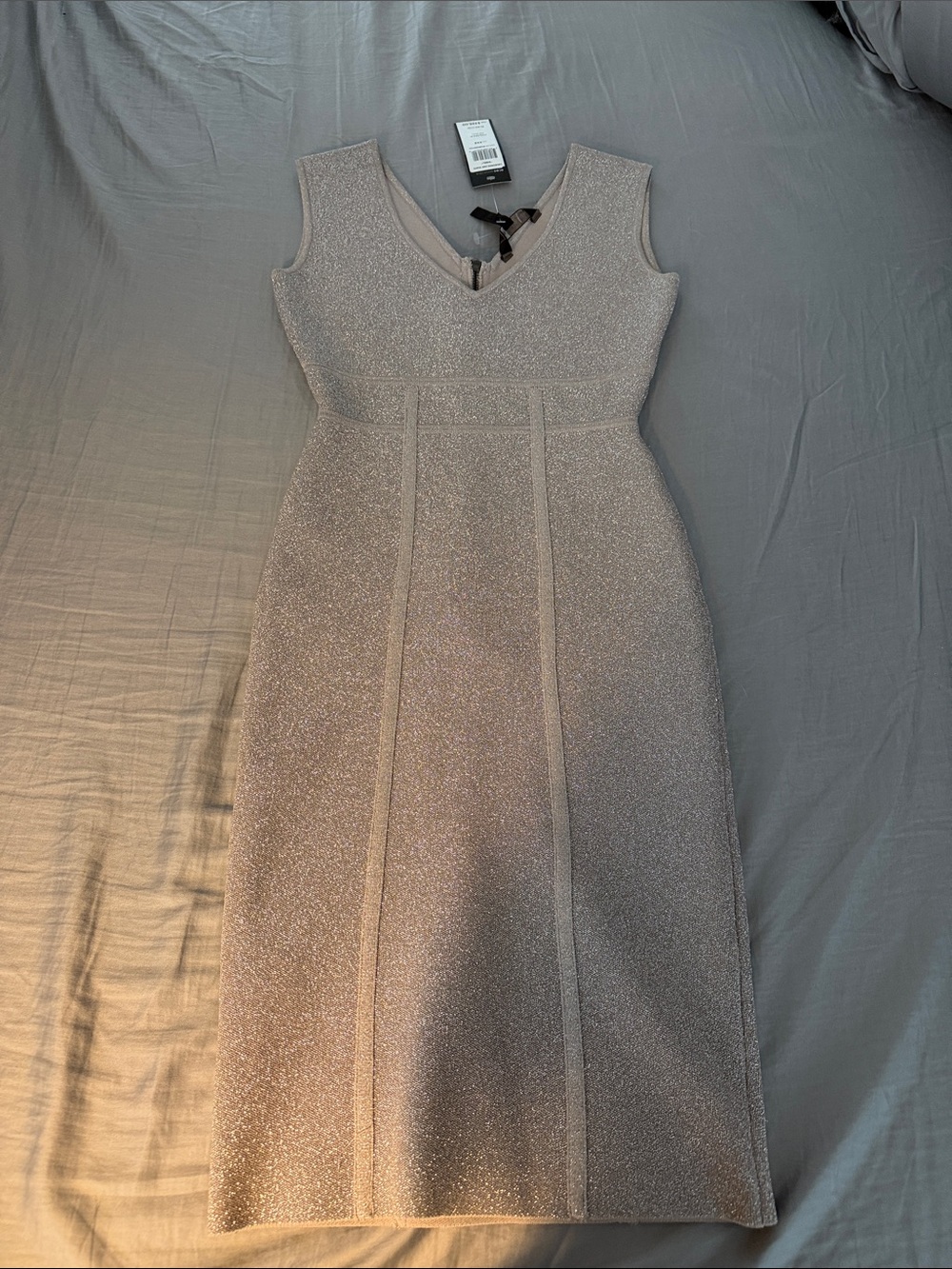 BCBGMaxAzria Metallic V-Neck Midi Sheath Dress in Dusty Rose
